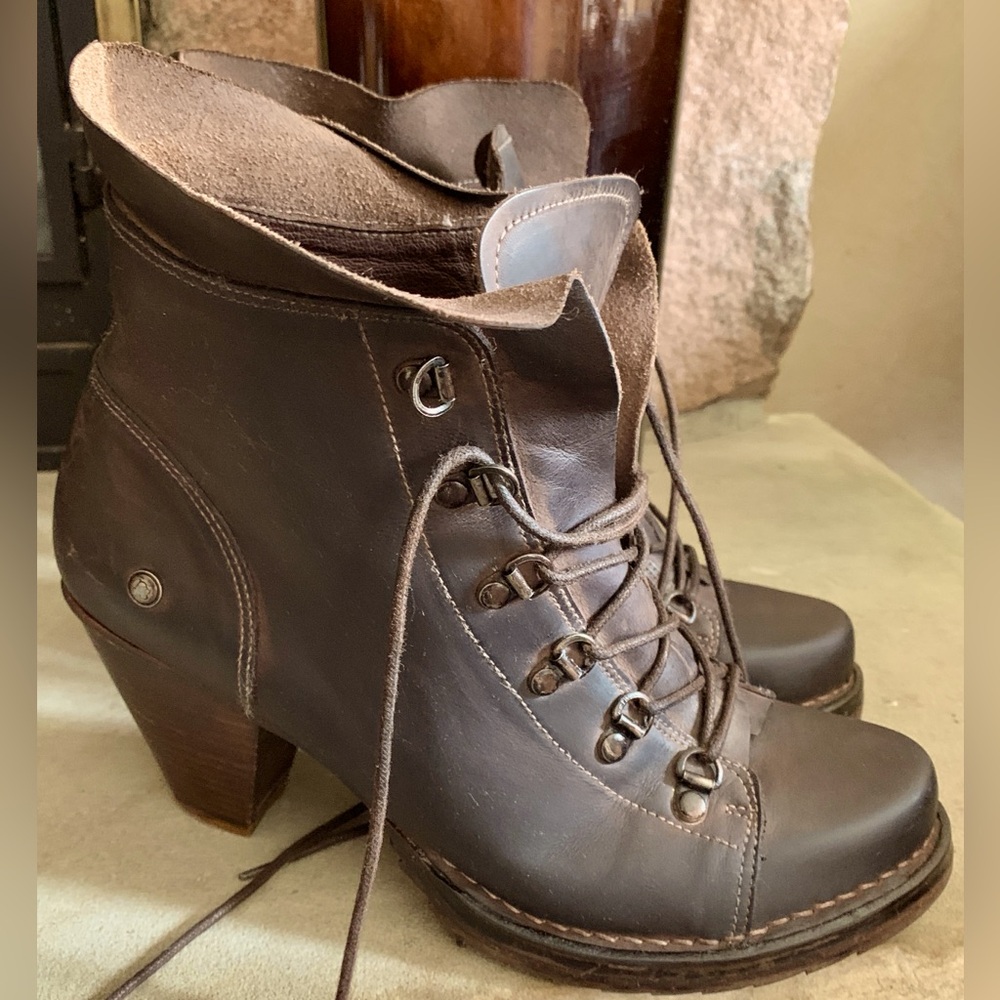 Brown Leather Sz 41 NEOSENS Ankle Boots Lace Full-Grain Stacked Heels